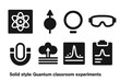© VideoHub - Quantum Experiment Icons. Solid style icons of quantum classroom experiments: atom in box icon, spin demonstration glyph,