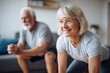 © Iftikhar alam - Senior couple smiles while exercising together at home during morning routine for better health and fitness