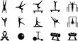© Md Abu Saeid - Black silhouette icons of gymnastics and sports equipment gymnastics, sport, athlete, silhouette, icon, balance beam, uneven bars, pommel horse, vault, ribbon, ball, scooter, fitness, exercise, traini