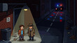 © Happy Carrot - Two pixel art characters, a detective and witness, stand in a dark alley under a streetlamp with a police car in the background, creating a noir crime scene atmosphere