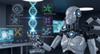 © Sheikh - Advanced humanoid robot analyzing complex genetic data and dna helix on futuristic holographic interface in a modern laboratory setting