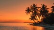 © mila103 - A beautiful sunset over the ocean with palm trees in the background. The sky is orange and the water is calm