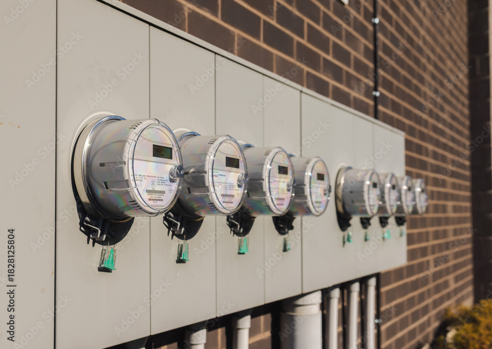 Row of smart electric meters on building exterior for multi-unit energy ...