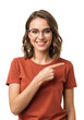 © Ket - Young caucasian woman with light brown wavy hair, wearing eyeglasses and terracotta t-shirt, smiling brightly and pointing finger, clean white background concept for product promotion