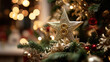 © ink drop - Golden number 8 star on a Christmas tree with festive lights for holiday countdown for the twelve days of christmas