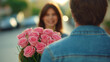 © Smejanka - Over the shoulder view of a man surprising a woman with a bouquet of pink roses