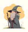 © Margarita Ratatosk - Old man wizard cartoon character with a staff and long beard in a magical fantasy concept for children storybook illustration