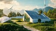 © rak - envisioning sustainable living: a modern home powered by solar energy and wind turbines blends seamlessly into a lush, natural landscape
