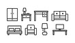 © ilhammaurice - Modern Home and Office Furniture Line Icons Set: Interior Design Collection Featuring Wardrobe, Nightstand, Desk, Sofa, Bed, Armchair, Lamp, and TV Stand