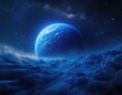 © Rizafrdl - A breathtaking blue gas giant planet rises above a dark, swirling cloudscape in deep space.