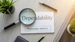 © Asraf - Dependability Concept with Magnifying Glass, Plants, Pen, and Notepad on Wood Surface for Business and Success Themes