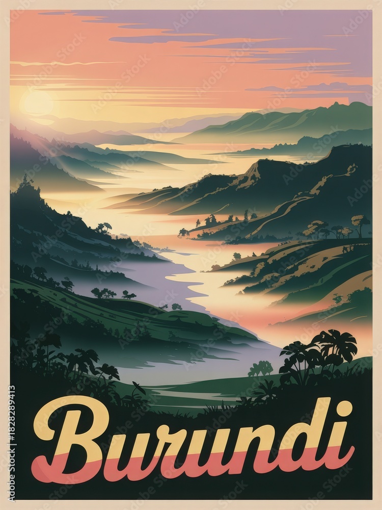 This scene showcases the beautiful hills of Burundi with a winding river reflecting the soft glow of sunset. Lush greenery surrounds the serene landscape, creating a peaceful atmosphere.
