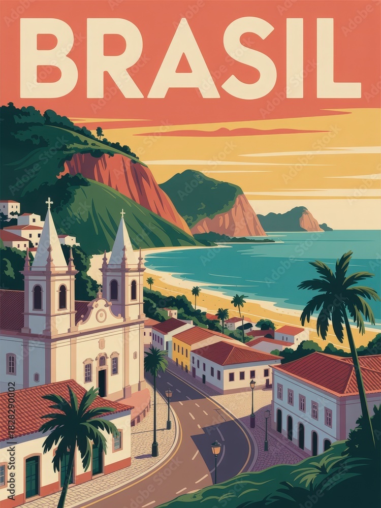 A beautiful landscape showcases Brasils coastline, featuring a historic church, colorful houses, and lush green mountains. The sunset paints the sky in warm colors above the sea.