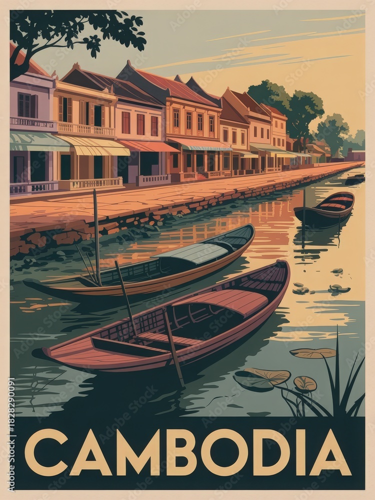 In the evening light, a tranquil river in Cambodia reflects traditional wooden boats and historical buildings. Lush trees line the shore, creating a peaceful atmosphere filled with culture.