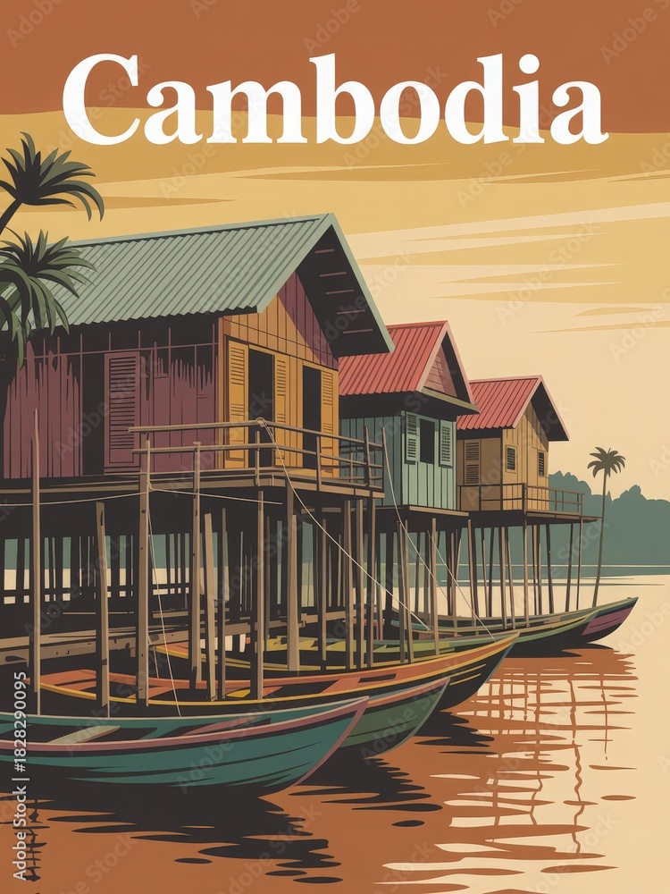 Stilt houses in Cambodia stand above calm waters as the sun sets, casting warm reflections. The vibrant colors of the houses contrast with the peaceful natural scenery, creating a serene atmosphere.