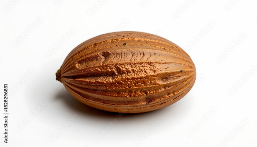 An up close view of an almond, resting against a white background. It showcases the natural texture and colors of the nut in its shell, which is opened revealing the inner flesh and seed.