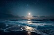 © horizon - Mystical night seascape featuring a bright full moon illuminating dark ocean waves with bioluminescent glow in the foam under a starry sky.
