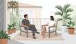 © Jiang - A serene scene of two individuals seated on a balcony engaging in a lively conversation, surrounded by greenery that evokes a peaceful and relaxed atmosphere.