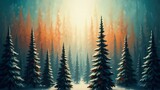 Abstract winter forest landscape with light and tall trees