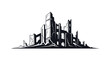 © Masud - Stylized black and white illustration depicting the crumbling silhouette of an abandoned city in ruins, evoking a post-apocalyptic or ancient forgotten landscape.