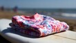 © Nijika - rashguard. A colorful rolled-up rashguard resting on a surfboard at the beach. event key visuals, club posters, designed for fitness apps and gym onboarding, drives event promotion.
