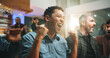 © peopleimages.com - Excited people, winning and watching tv with fist pump for sport victory, support or success in pub. Happy group, men or fans with celebration for goal, online entertainment or score in local bar