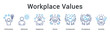 © gibranicon - Workplace values banner web icon celebrating enthusiasm and optimism with happiness, humor, and compassionate humble acceptance.