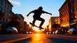 © Sin - Silhouette of a skateboarder performing a trick in a city street at sunset with buildings and cars visible creating a dynamic urban scene filled with energy and freedom during the golden hour light