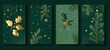© Supernova - A set of four green and gold Christmas cards with golden decorations, holly leaves, snowflakes, pine branches, stars, Vector illustration