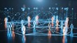 © Rahain - Abstract Network of People Silhouettes, Digital Data Flow Futuristic Grid, Business Social Connections Visualization, Dark Blue Orange Tech