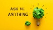 © Aura - “ASK ME ANYTHING” on yellow with green paper bulb—evoking curiosity, creativity, and the bold choreography of questions, ideas, and open dialogue.