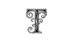 © Firza - Intricate black and white ornate letter 'T' with decorative flourishes, isolated on white background.