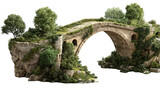 Historic Roman stone arch bridge over a river stream in an ancient forest landscape