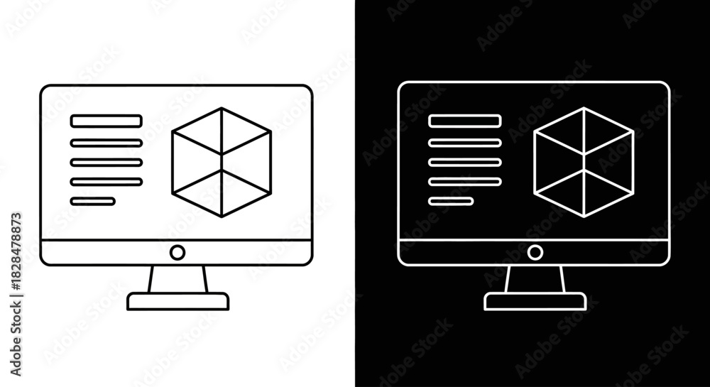 Line art icon of a computer monitor displaying a 3D modeling software ...