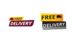 © Pensil Ikon - Shipping promotion sticker design featuring the words FREE DELIVERY and a small truck silhouette on colorful layered banner shapes.