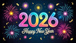 © MdMEJANOOR - Festive 2026 New Year card with dark blue sky, colorful fireworks