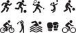 © IconNest - Sport icon set in silhouette style featuring multiple athletic symbols on white background.