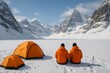 © diproduction - Two hikers in orange jackets resting near tents in snowy mountains under clear blue sky, admiring landscape in remote winter wilderness. Ai generative. Ai generative
