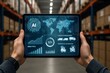 © diproduction - Digital tablet showing AI-driven logistics and warehouse automation dashboard in warehouse environment, emphasizing data analytics and supply chain concept. Ai generative