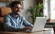 © Samuel - Young happy man sitting at home office,smiling, enjoying work or study remotely from home by Internet, video call or online conference on laptop. Student freelancer resting during remote work process