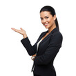 © Tawhidbd - Smiling businesswoman in dark suit presenting with open hand isolated on transparent background