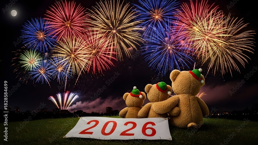 Teddy bears celebrate new year 2026 with fireworks display Stock Photo