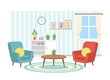 © Velar - The living room boasts a stylish interior with modern furnishings and decor, featuring cozy armchairs, a coffee table, book-filled shelves, houseplants, a lamp, and wall art—illustrated in vibrant