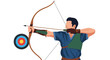 © Rohim - An archer aims an arrow at a bullseye target with a drawn bow