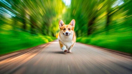  Corgi joyfully running along a scenic path in a lush green forest setting