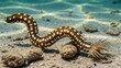 © Wattana - A sea creature with a long, flexible body and a pair of tentacles on its head, swimming in clear water with sand and rocks in the background.