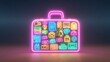 © Chotijah - Glowing neon briefcase displays a collection of digital and creative tool icons against a dark background