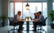 © David - Blurred background of a modern office interior with blurred business people working in a team at a table. High quality