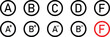 © Risat Designer - Close up of multiple choice answer bubbles with one f grade circled in red highlighting academic failure and poor performance