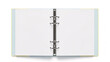 © LORA - Top-down view of an open ring binder with blank white pages, isolated on a white background.